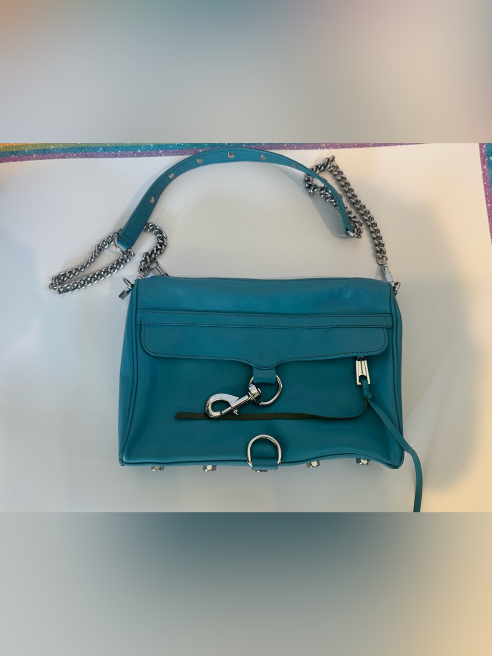 Vintage style Rebecca Mink Off Teal Leather Shoulder Bag with Chain Strap